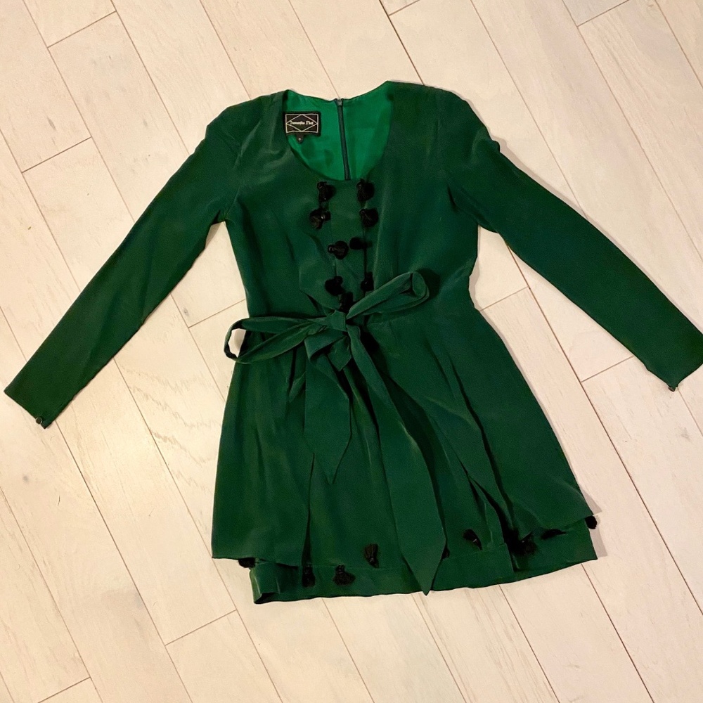 Samantha Pleet Green Silk Tassel Dress EUC